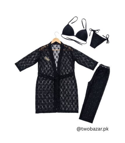 4 Pcs Black Net Bridal Nighty Set