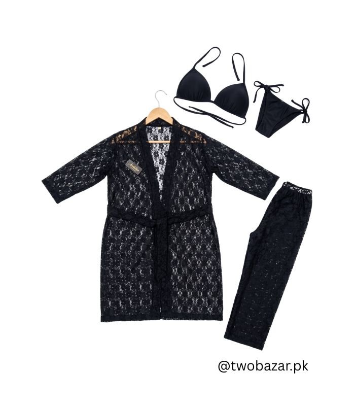 4 Pcs Black Net Bridal Nighty Set