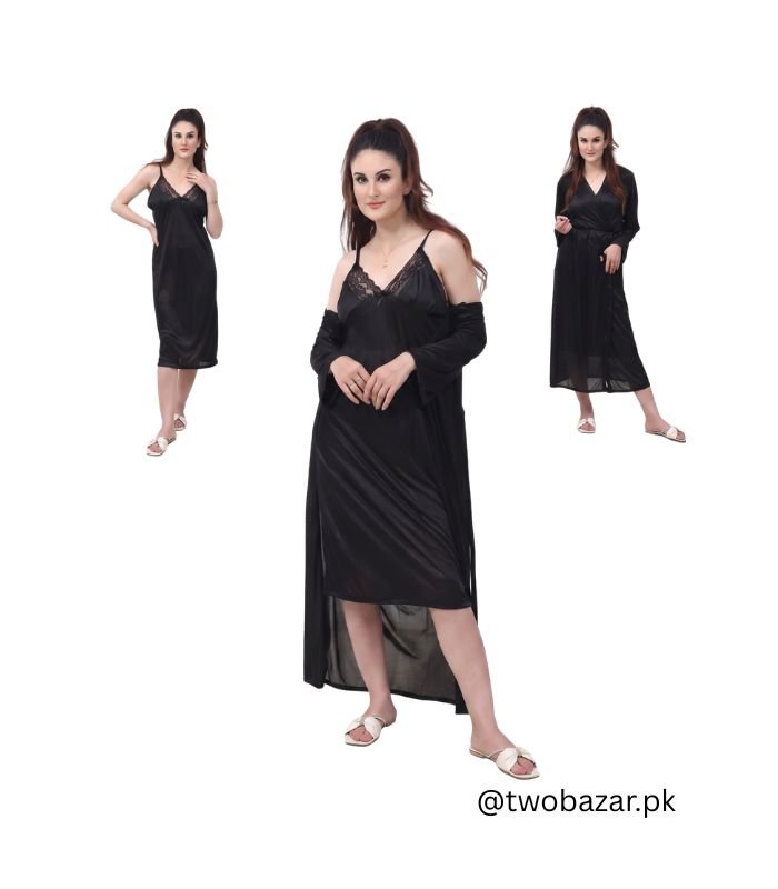 Black Ladies Silk Nightgowns with Robe Set