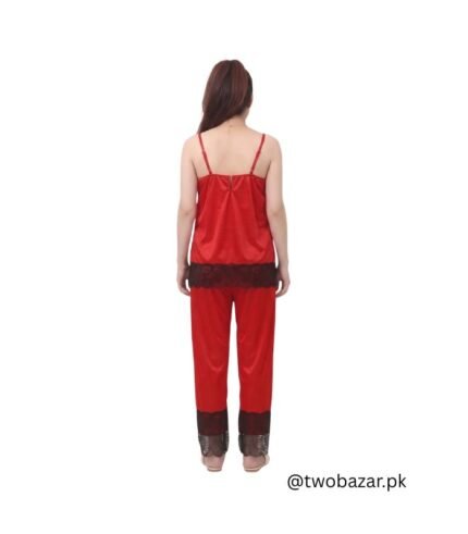 Night Suit for Women Red Silk With Lace Trim