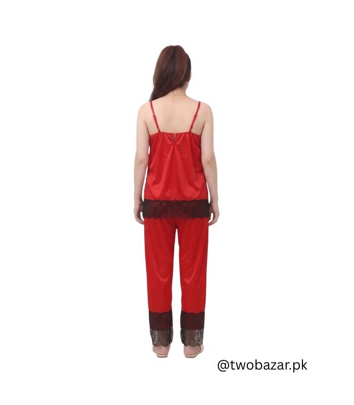 Night Suit for Women Red Silk With Lace Trim