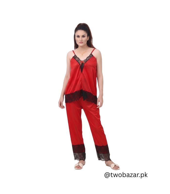 Night Suit for Women Red Silk With Lace Trim